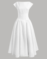 Front view of White cap sleeve fit and flare midi dress with tailored bodice and flowing A-line skirt on a plain background.