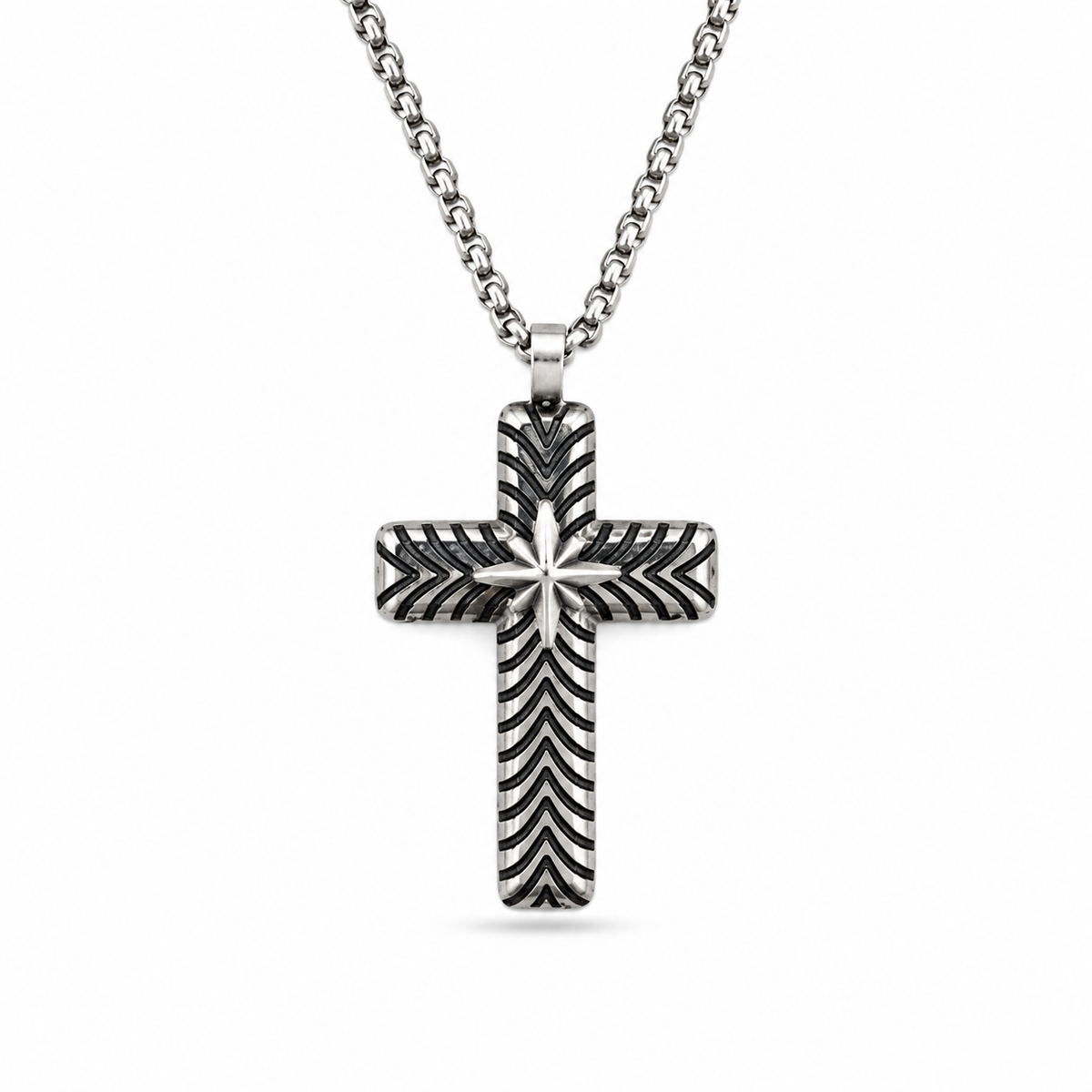 CHEVRON STAR CROSS PENDANT — ΑΝΔΡΙΚΟ ΚΟΛΙΕ ΣΤΑΥΡΟΣ ΑΤΣΑΛΙ ΣΚΟΥΡΟ CHEVRON ΑΣΤΕΡΙ