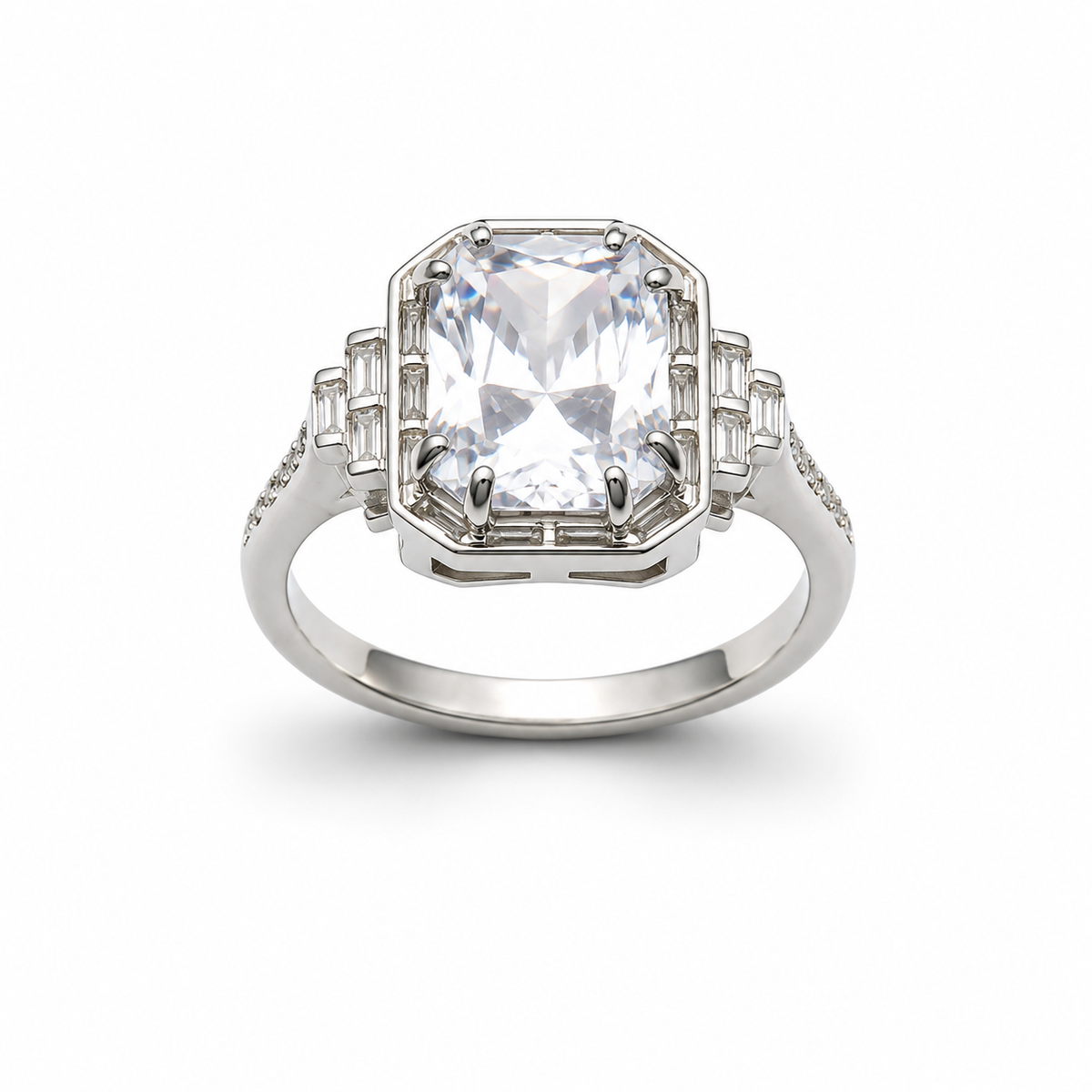 ART DECO EMERALD CUT RING — ΔΑΧΤΥΛΙΔΙ ΑΣΗΜΙ 925 ΡΟΔΙΟ ΚΕΝΤΡΙΚΗ ΠΕΤΡΑ ART DECO ΜΕ ΖΙΡΓΚΟΝ