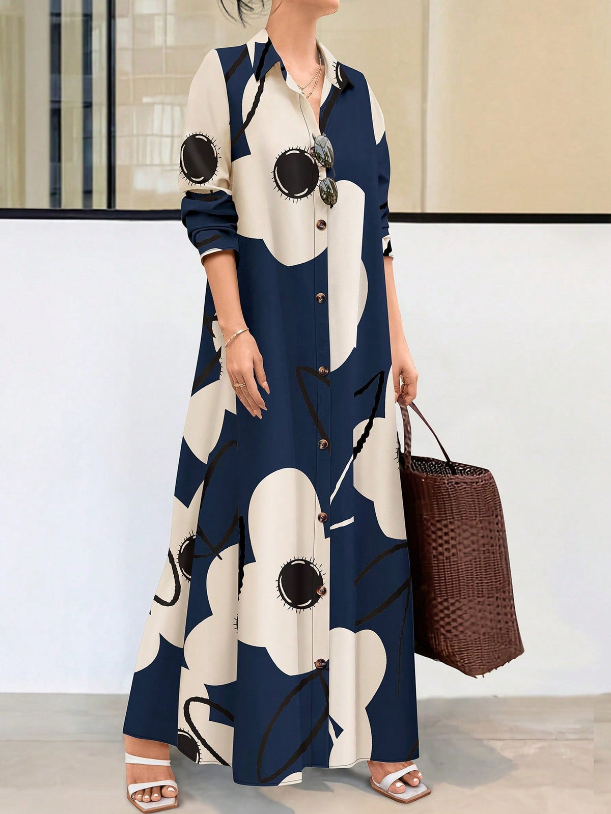 Clasi Women Long Sleeve Button Front Printed Mid-Length Casual Dress, Random Print - WestLine Apparel