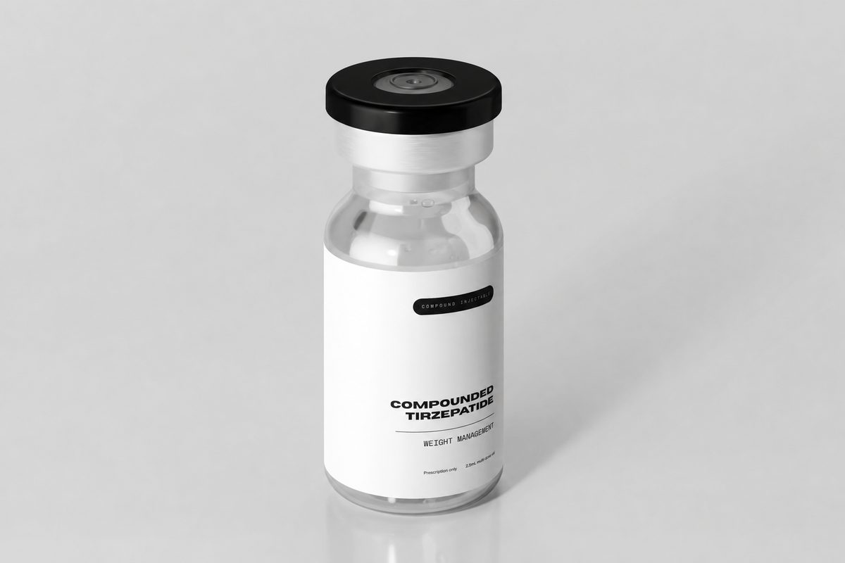 Vaccine bottle with a white label on a gray background