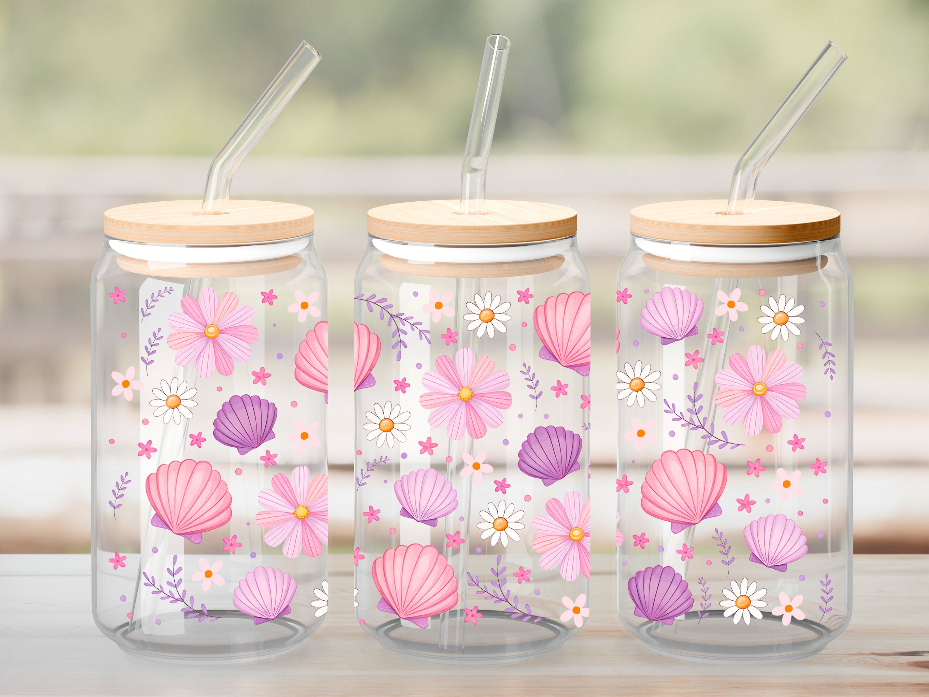 Verre Coquillage daisie et fleur / Autocollant UV DTF