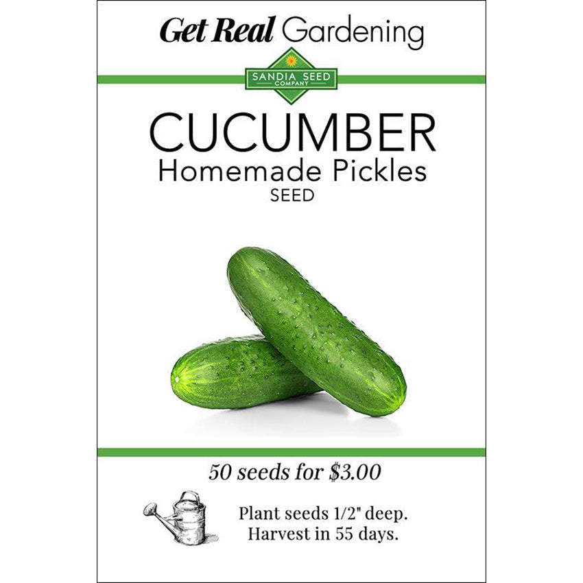 Seed packet for cucumber seeds for homemade pickles, featuring images of fresh, green cucumbers and planting instructions
