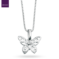 Sterling Silver Diamond Filigree Butterfly Pendant With Chain