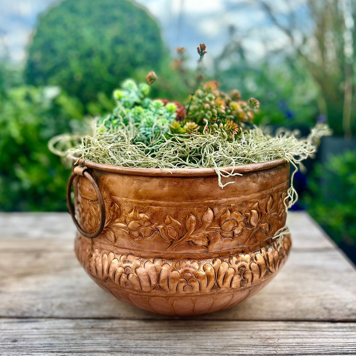 Vintage Copper Floral Embossed Planter – Large Indoor Plant Pot with Brass Ring Handles