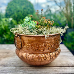 Vintage Copper Floral Embossed Planter – Large Indoor Plant Pot with Brass Ring Handles