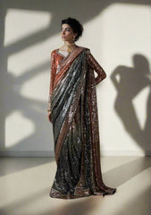 Elegant chiffon saree with printed and embroidered fall and pallu, paired with an embroidered chiffon blouse featuring organza neckline, borders, and a silk petticoat.