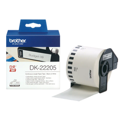Brother DK22205 DK-labels i endeløs bane – sort på hvid, 62 mm bred.