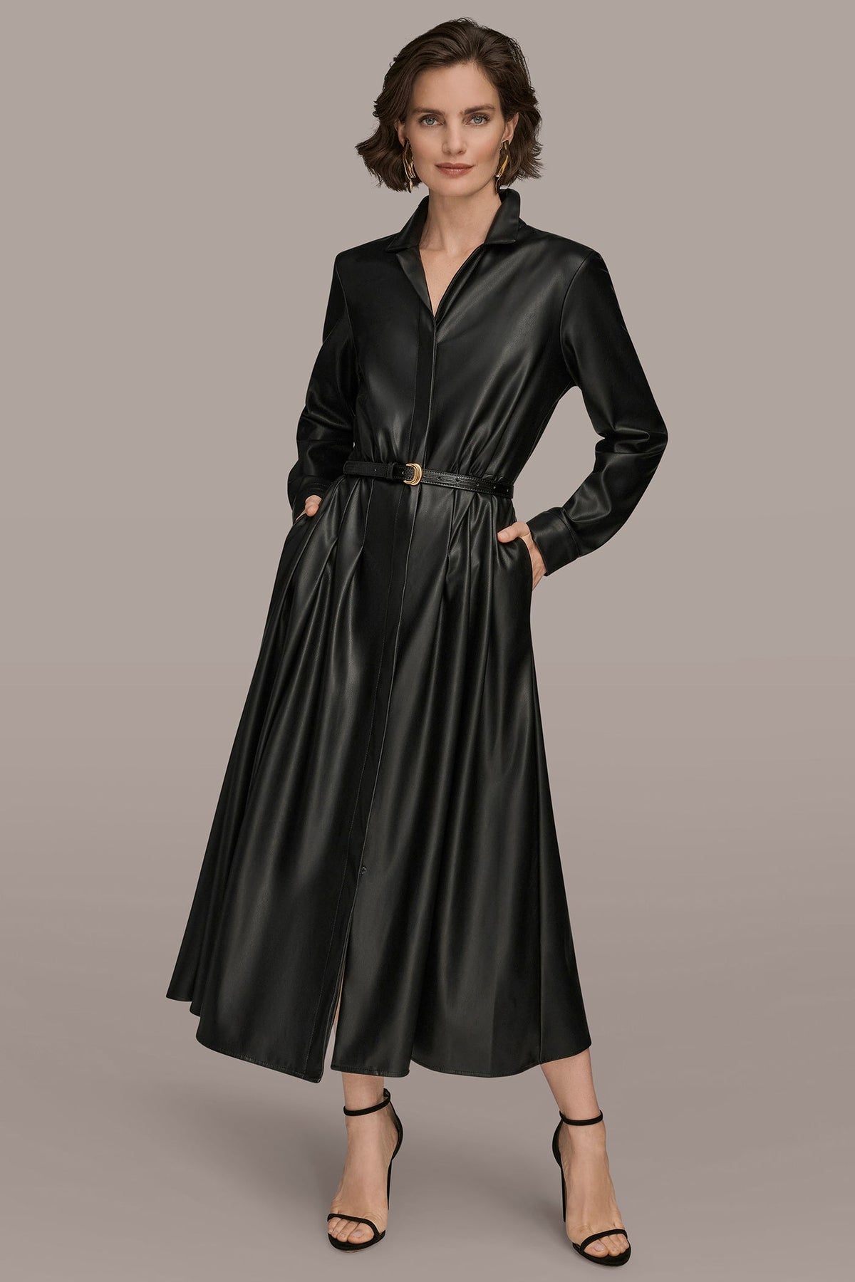 LONG SLEEVE FAUX LEATHER MIDI SHIRT DRESS