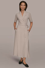 THE MODERN TRAVEL ELBOW-SLEEVE MIDI WRAP DRESS