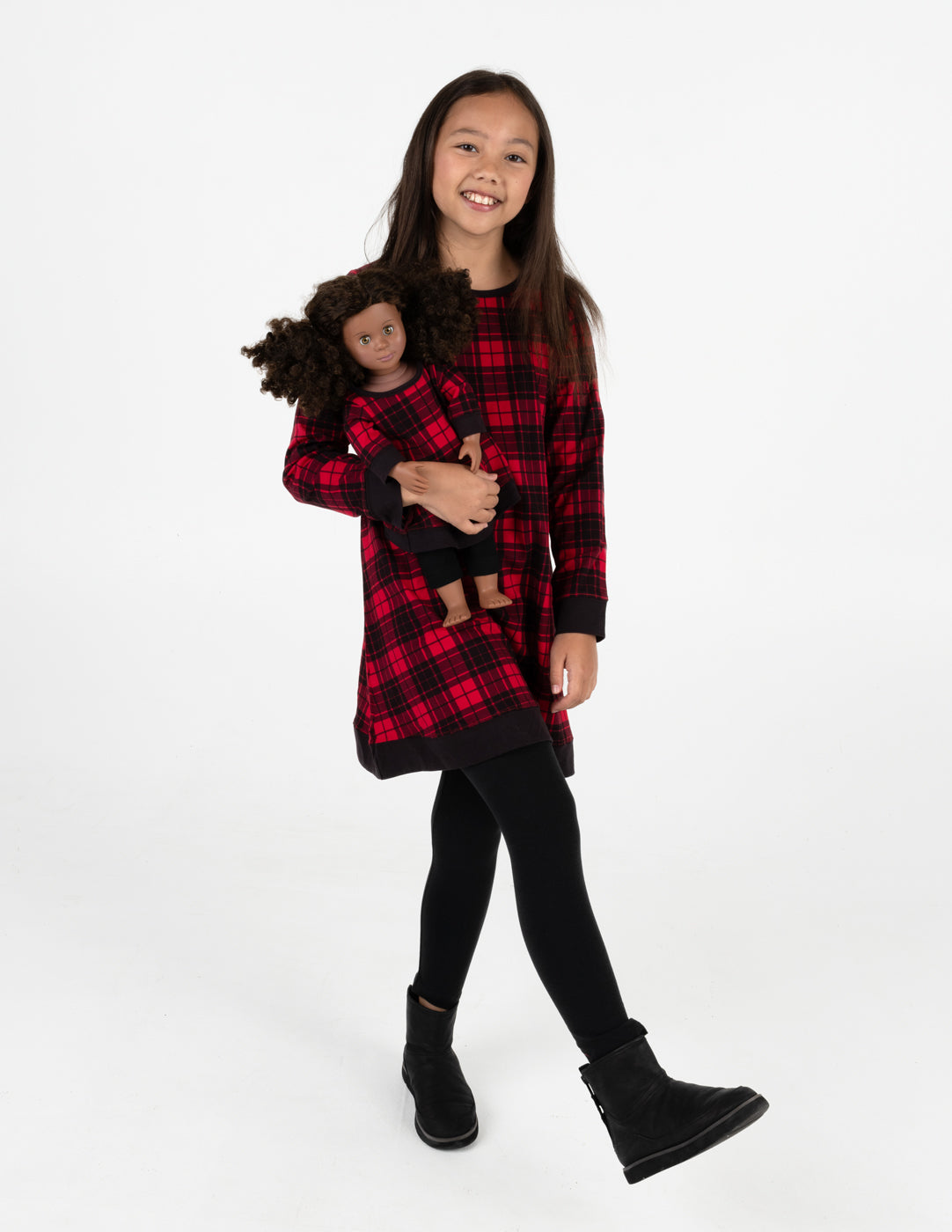 red and black plaid girl and doll dress