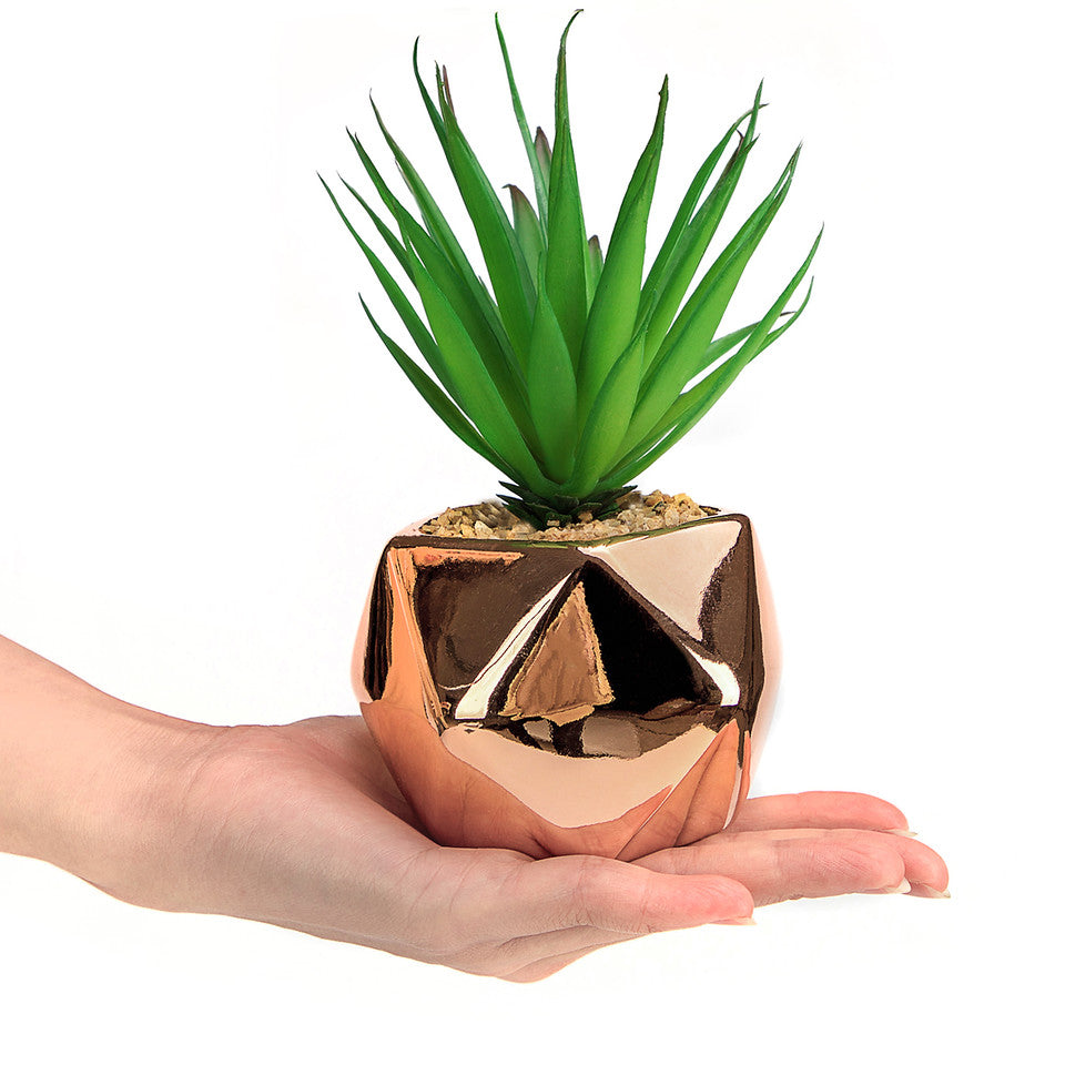 Set of 3 Small Artificial Succulent Plant Mini Fake Faux Succulents Realistic Cactus Cacti Plants in Rose Gold Geometric Pots