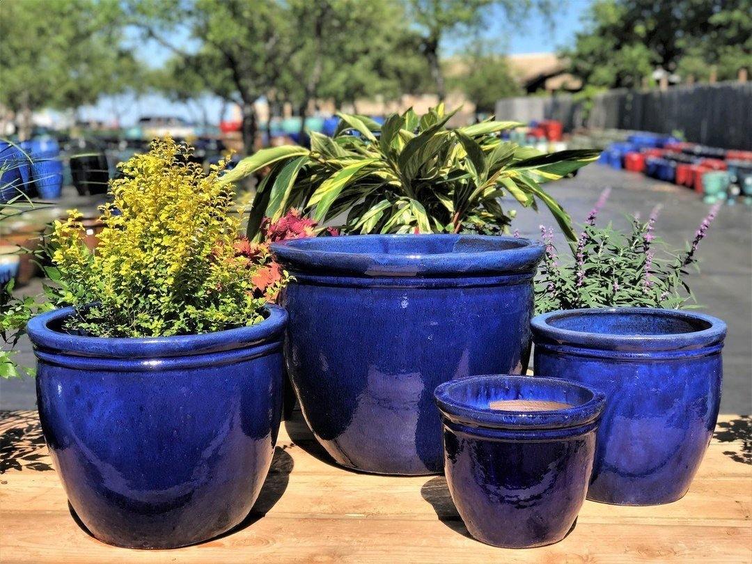 Blue Double Rim Ceramic Planter