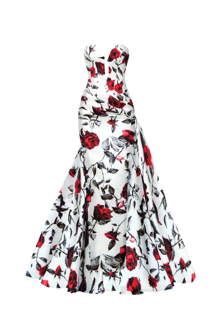 Draped printed satin dress with a side train – Rasario