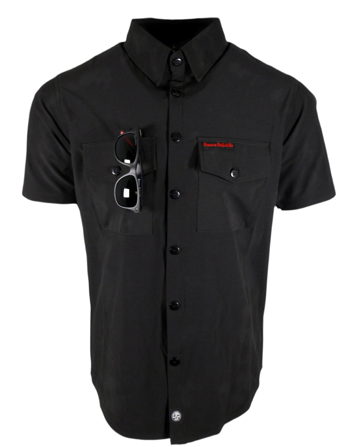 Black alternative button up shirt with red 'Demons Behind Me' stitching and sunglasses, shot against a white background.