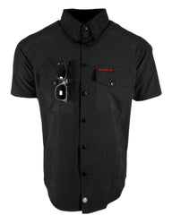 Black alternative button up shirt with red 'Demons Behind Me' stitching and sunglasses, shot against a white background.