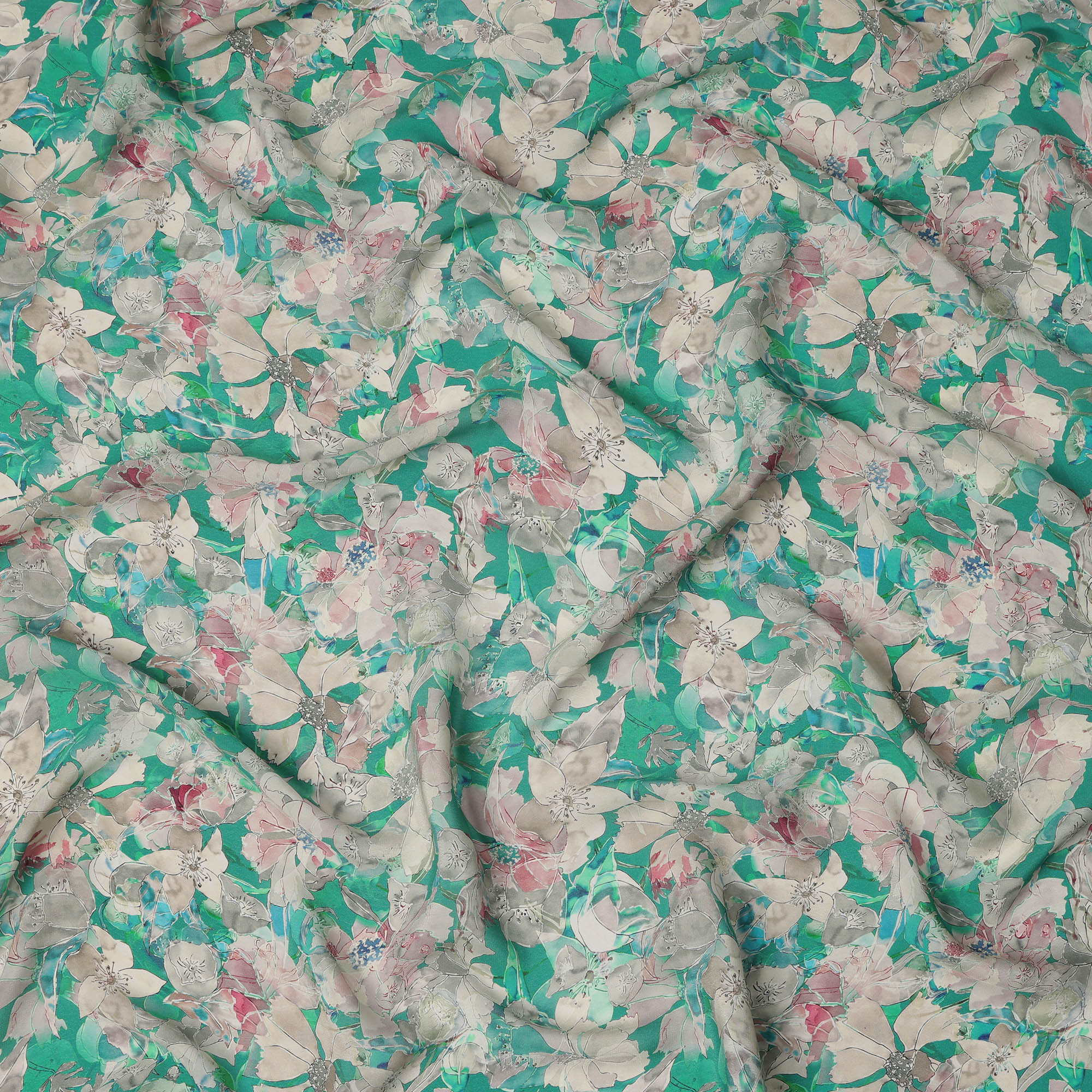 Emerald Green Multicolor Floral Printed Viscose Crepe Fabric with Soft Pastel Highlights, Width 110 cm, Made in India-D23407 Regal Fabrics
