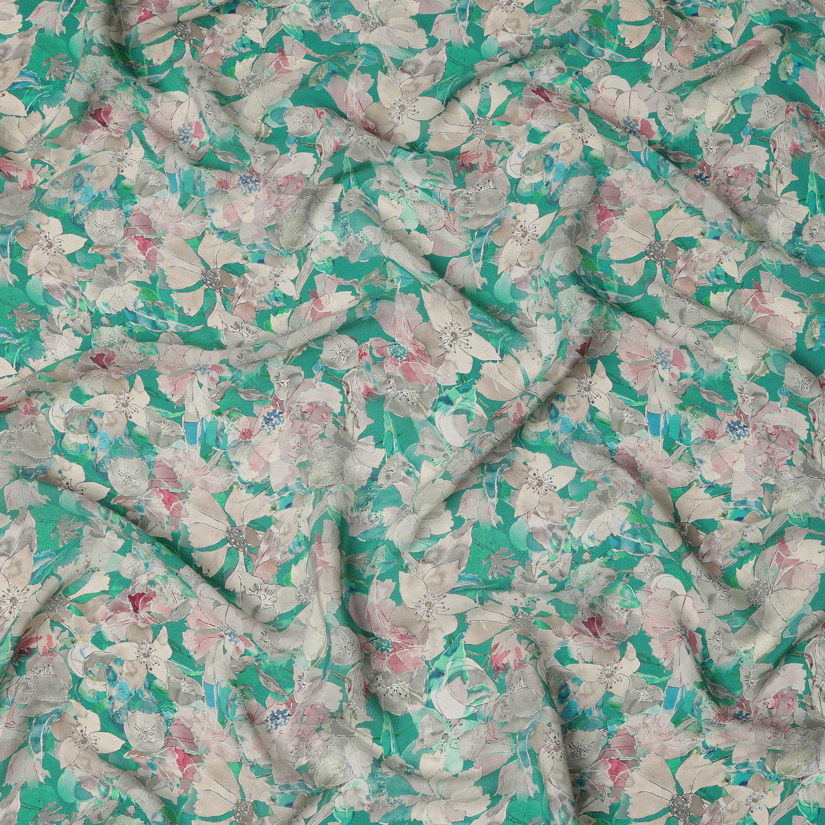 Emerald Green Multicolor Floral Printed Viscose Crepe Fabric with Soft Pastel Highlights, Width 110 cm, Made in India-D23407 Regal Fabrics