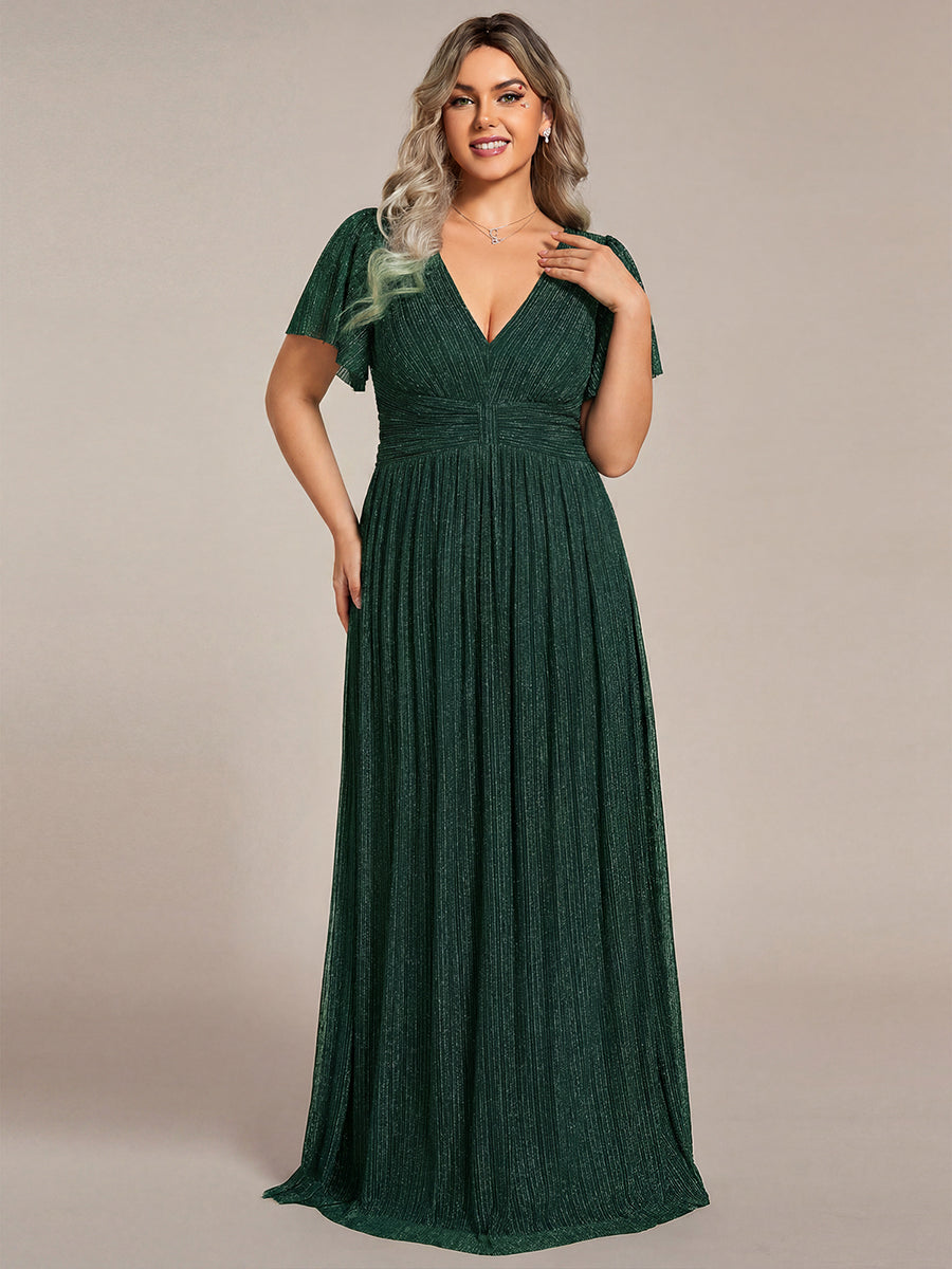 Plus Size V-Neck Glittery Short Sleeves Formal Evening Dress with Empire Waist #color_Dark Green