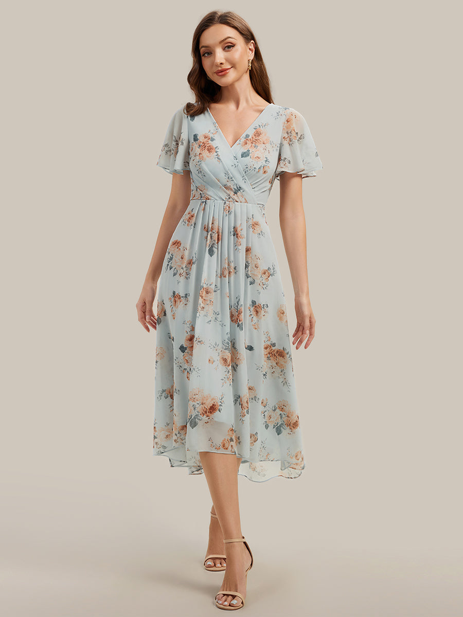 Printed Chiffon Ruffle Sleeve Wedding Guest Dress #color_Amber Bloom