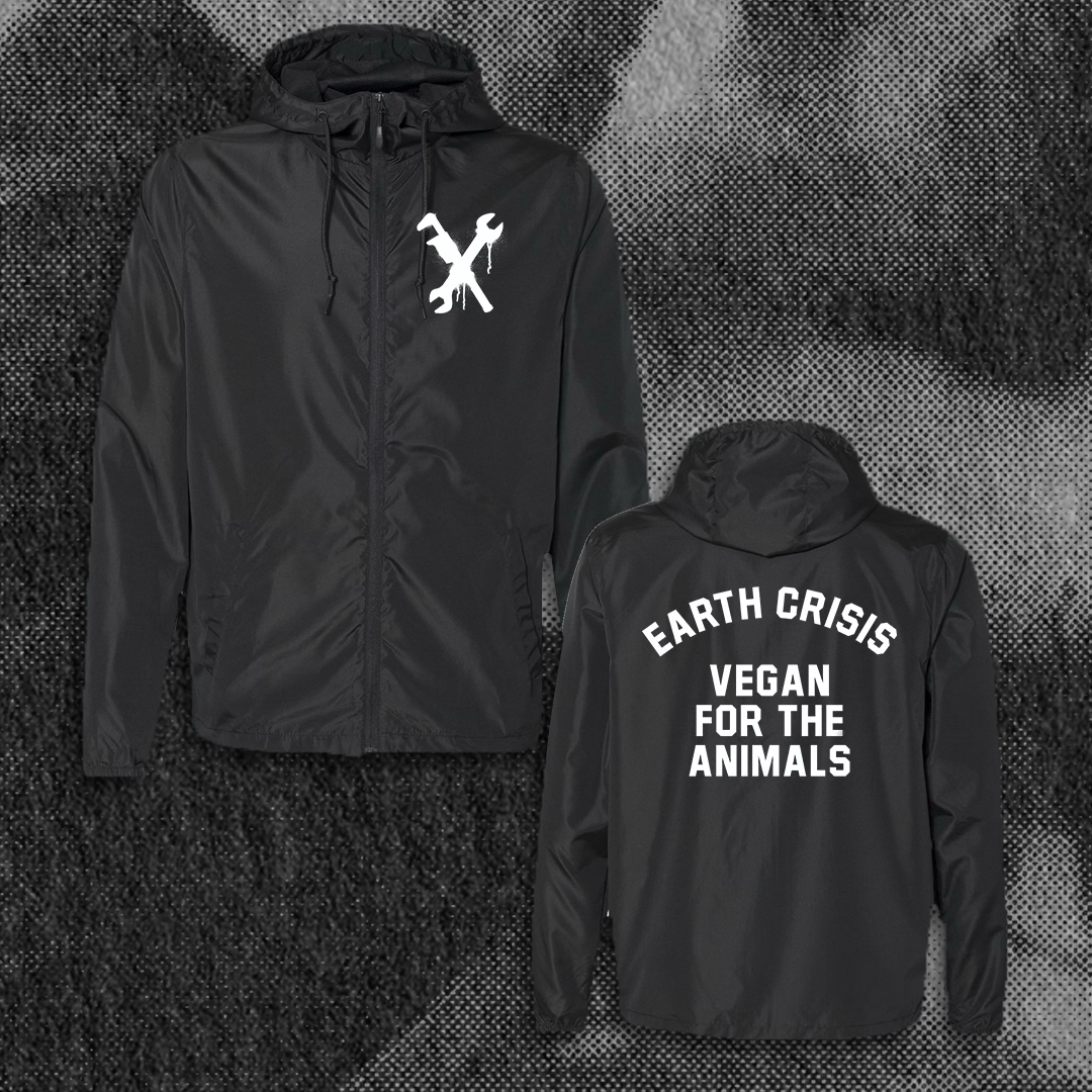 EARTH CRISIS "VEGAN FOR THE ANIMALS"  BLACK ZIP UP WINDBREAKER