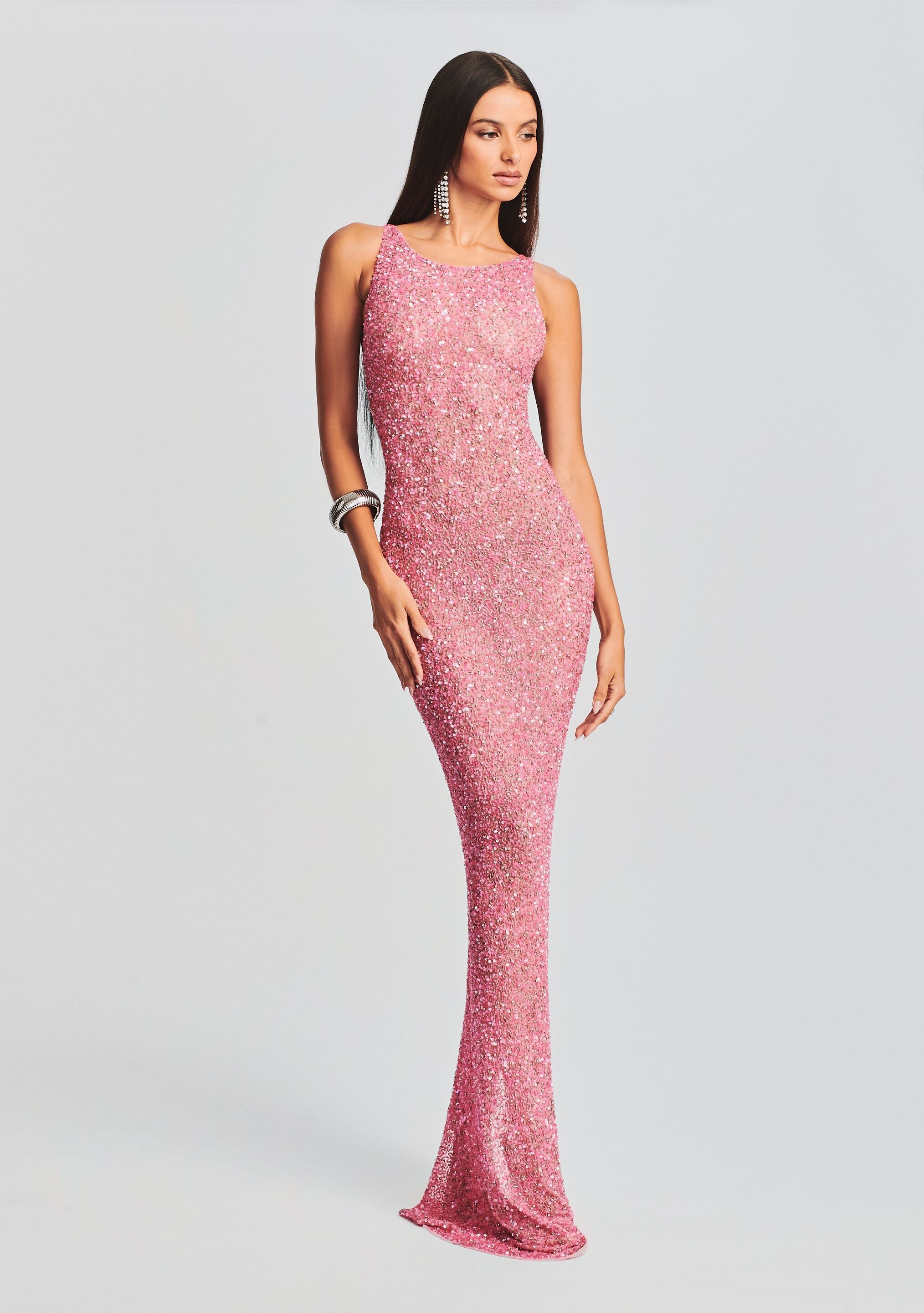 Pink sequin floor length Sasha Sequin Dress on a model