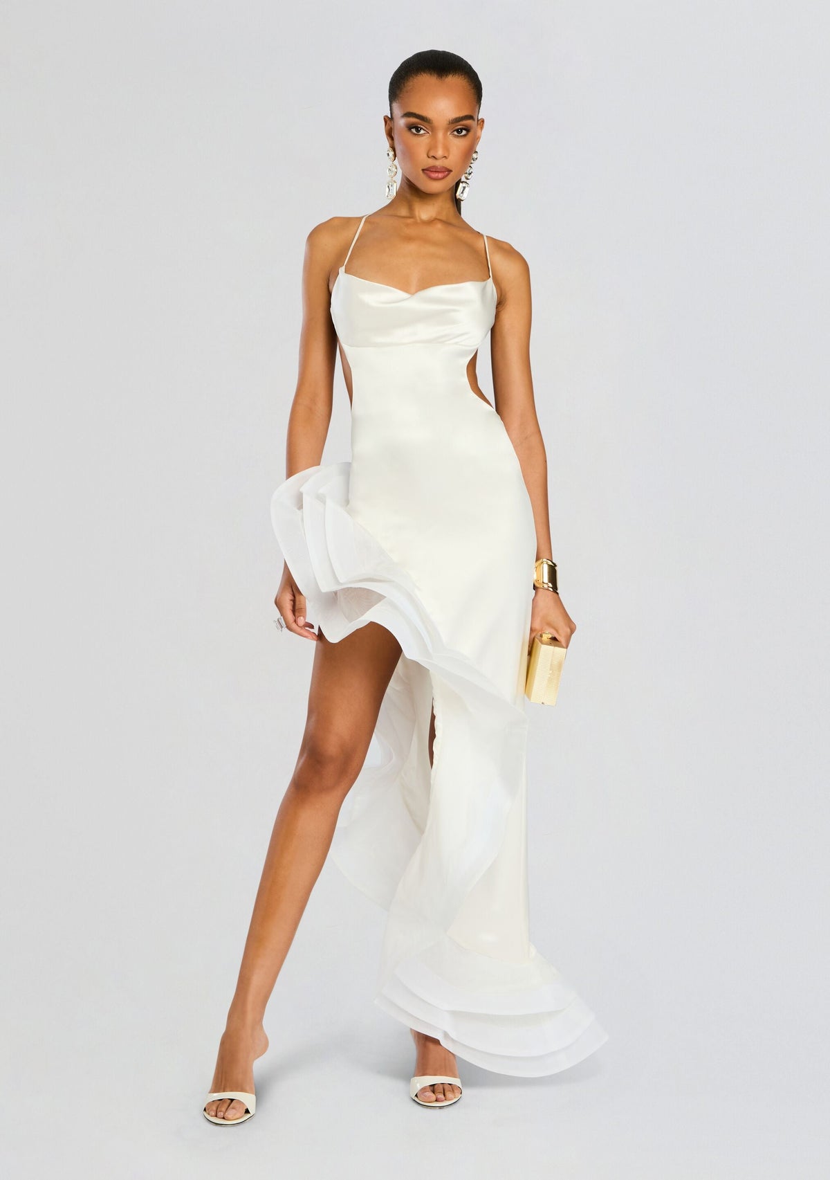 White Kaitlin Dress in satin with thin straps a cascading ruffle hem and high side slit