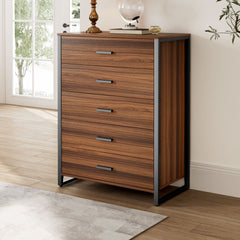 42 Walnut 5-Drawer Dresser - Modern Bedroom Storage Cabinet With Black Metal Frame.