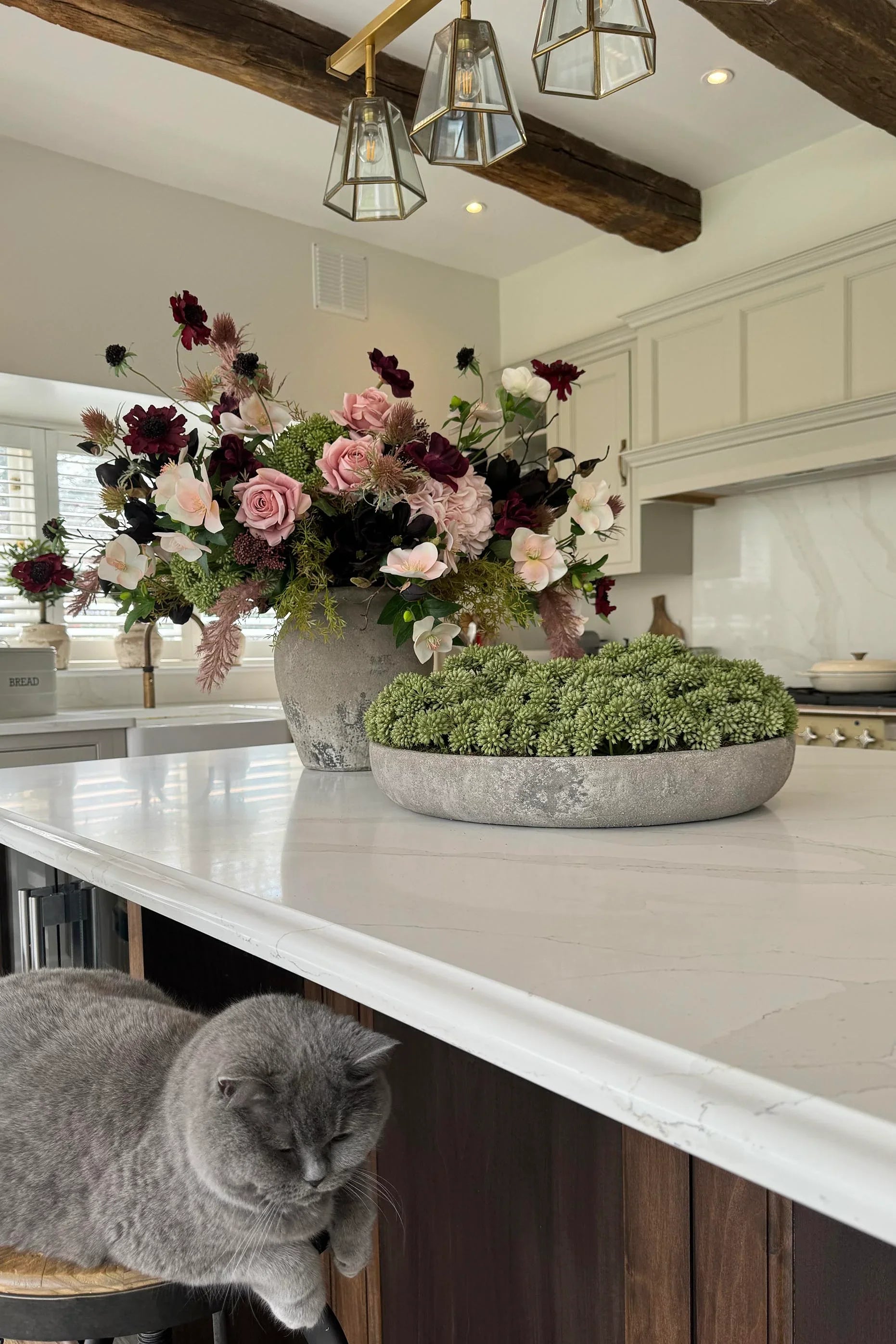 Roses, Scabiosa, Magnolia in a Stone Vase RTfact Flowers 