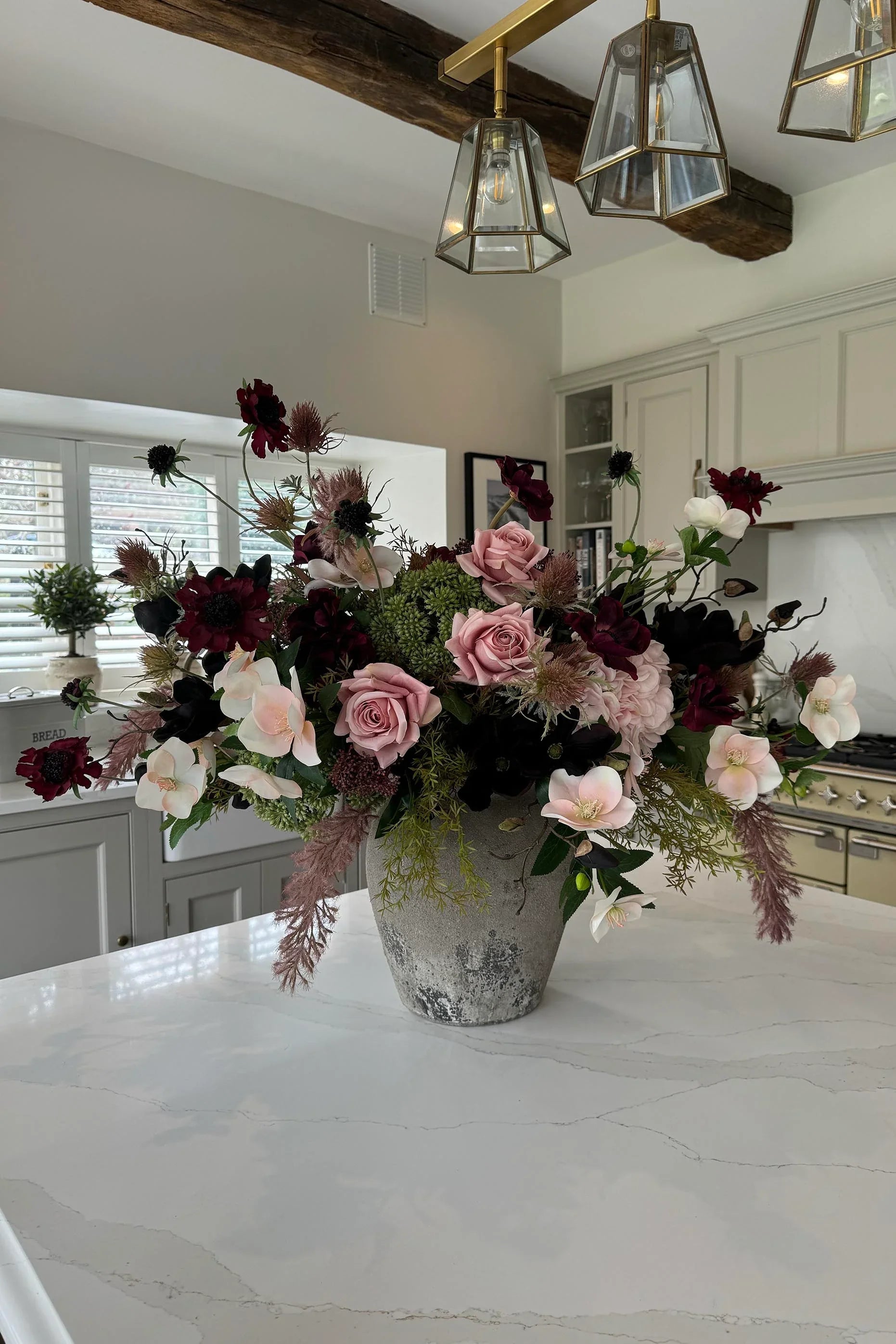 Roses, Scabiosa, Magnolia in a Stone Vase RTfact Flowers 