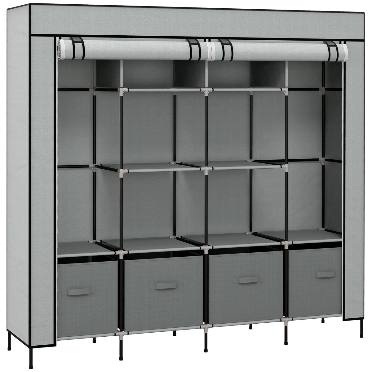 Portable Fabric Wardrobe with 10 Compartments & 4 Drawers - Dark Grey