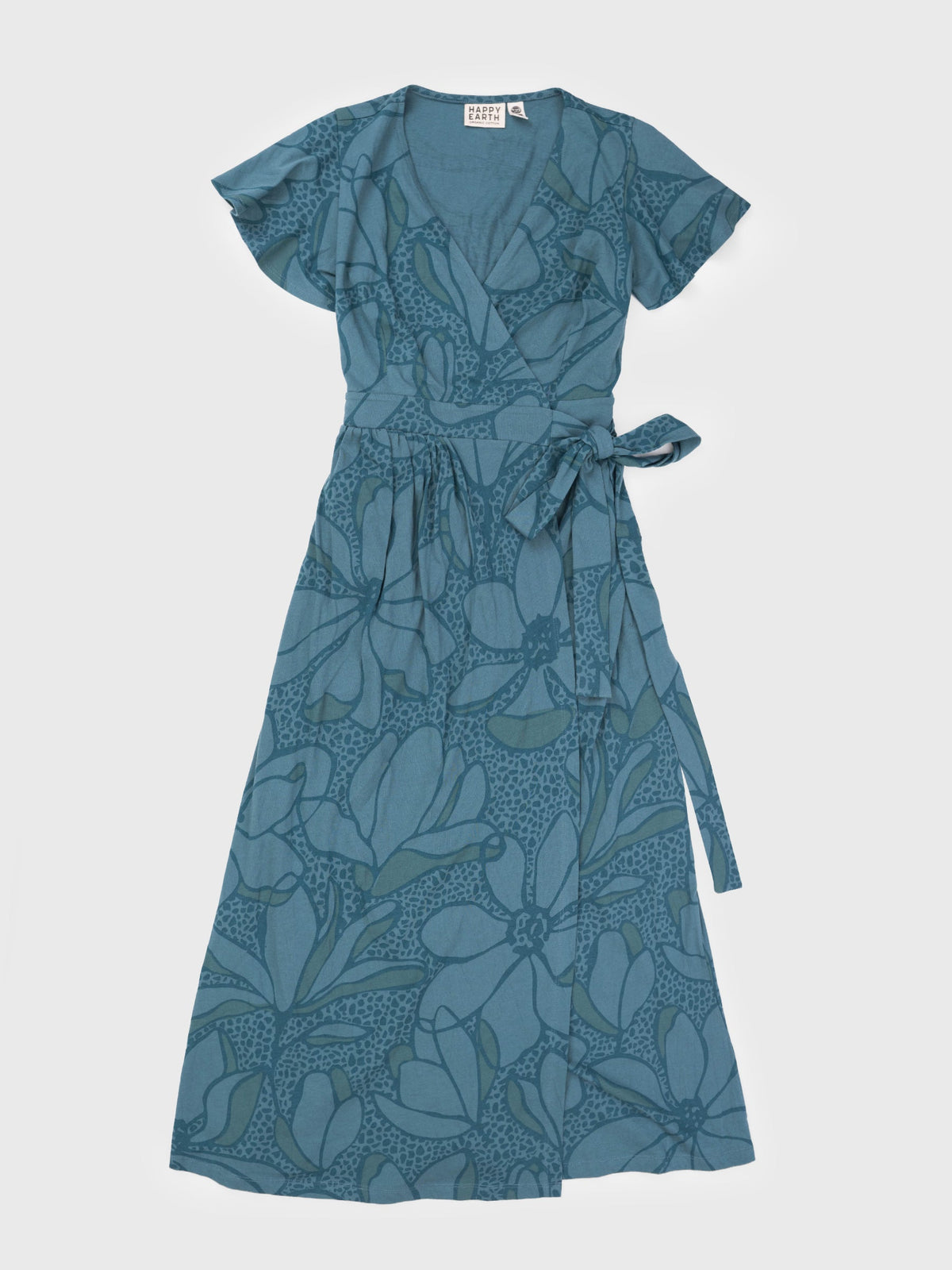 Isla Dress: Teal organic cotton maxi wrap dress with large floral print, V-neck, flutter sleeves, and ribbon tie.