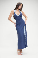 Madeleine Crepe Dress Navy Blue and White Dotty Print