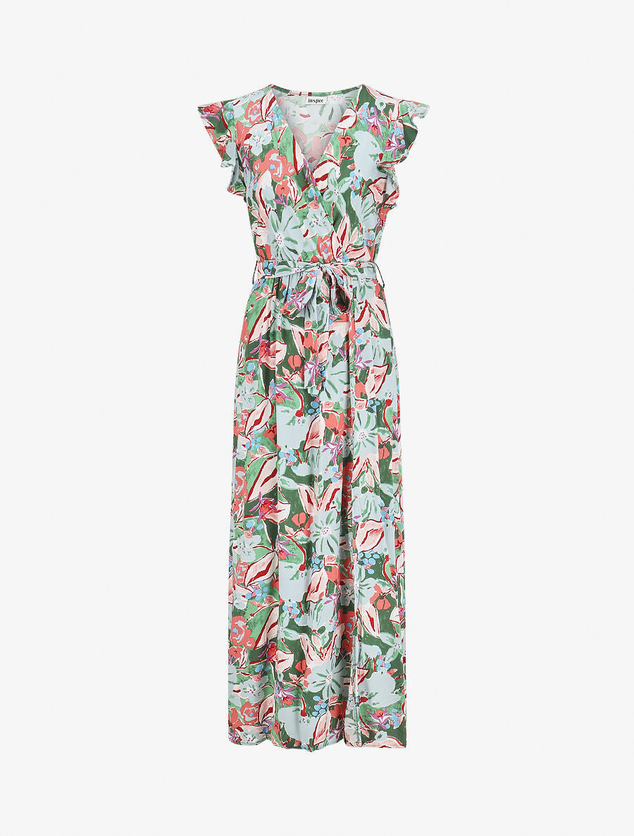 Robe longue à mancherons imprimé fleuri - Vert - 1
