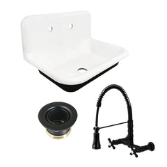 Towne 30-Inch Cast Iron Wall Mount Single Bowl Kitchen Sink with Wall-Mount Bridge Kitchen Faucet and Basket Strainer, Matte Black
