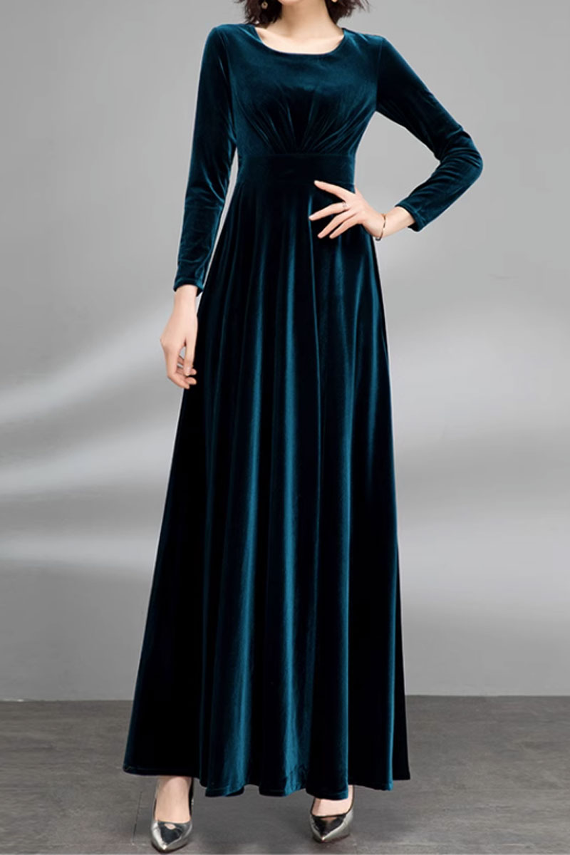 Dark Blue Velvet Maxi Dress - Fitted Waist, Long Sleeve Elegance 4478