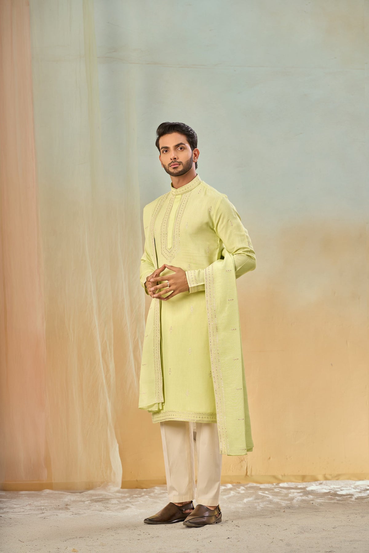 Light Pista Tone-on-Tone Embroidery Kurta, Stole with Off-White Pant
