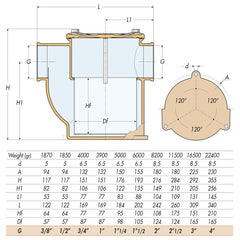 Guidi, Vannfilter bronse 1 1/2" med skrukork, 193 mm, 6000 g