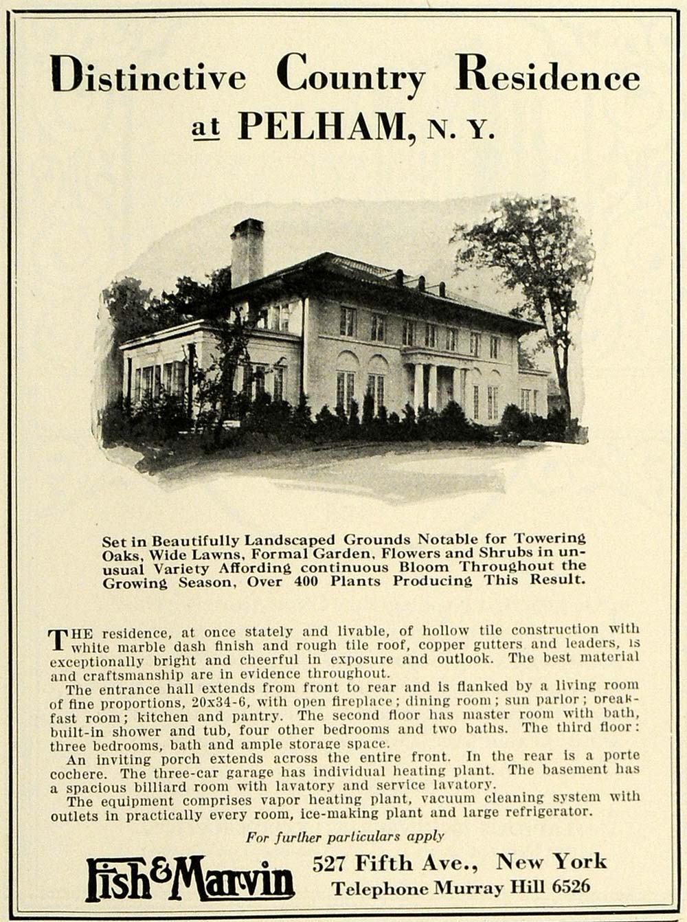 1925 Ad Fish Marvin Real Estate Pelham Countryside Home Residence New York HG1