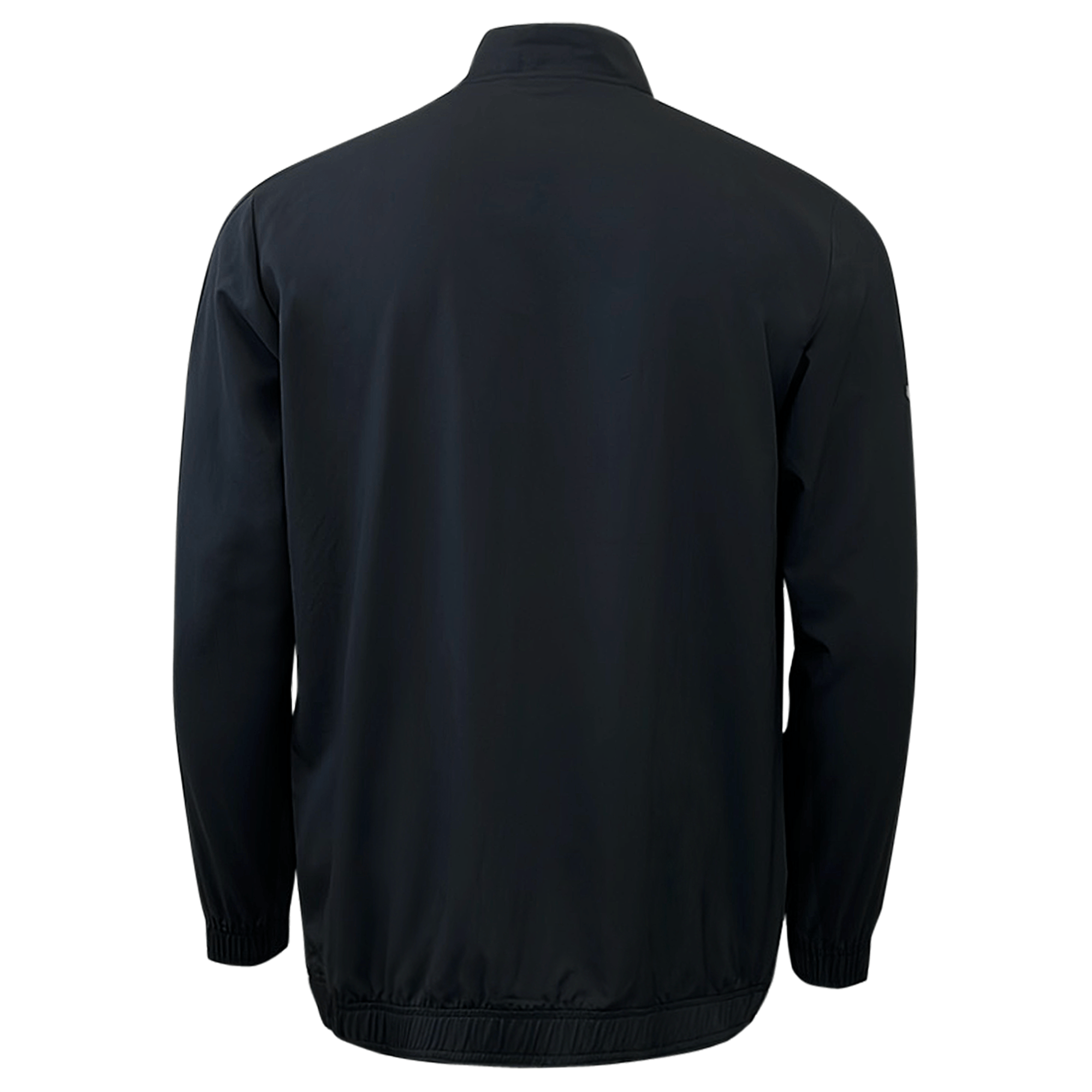 Back side of black long sleeve jacket.