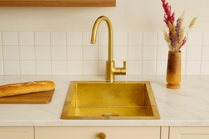 Modern Brushed Brass Kitchen Sink + Single Handle Gooseneck Faucet