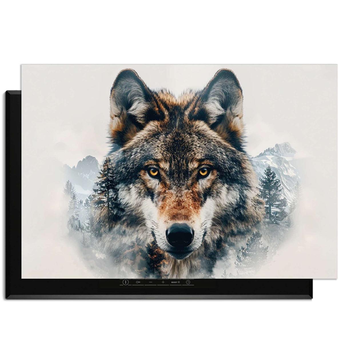 Majestic Wolf - Inductie Beschermer met krachtig portret van een wolf en natuurdetails op kookplaat.