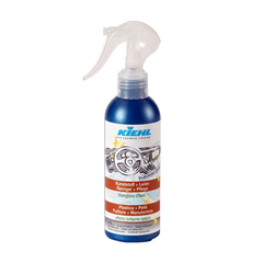 Plastic spray bottle from Johannes Kiehl KG's Kiehl Kunststoff+Leder / Reiniger+Pflege line, designed for cleaning and caring for car interiors and leather, featuring a clear spray nozzle and a blue-and-white label with a car interior graphic.