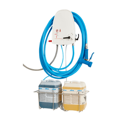 The Kiehl ARCANTEC 25 Cleaning and Disinfection Unit from Johannes Kiehl KG is a wall-mounted unit that comes with a 25-meter blue hose, a spray gun, and two chemical holders. Ideal for hygienic cleaning. Quantity: 1.