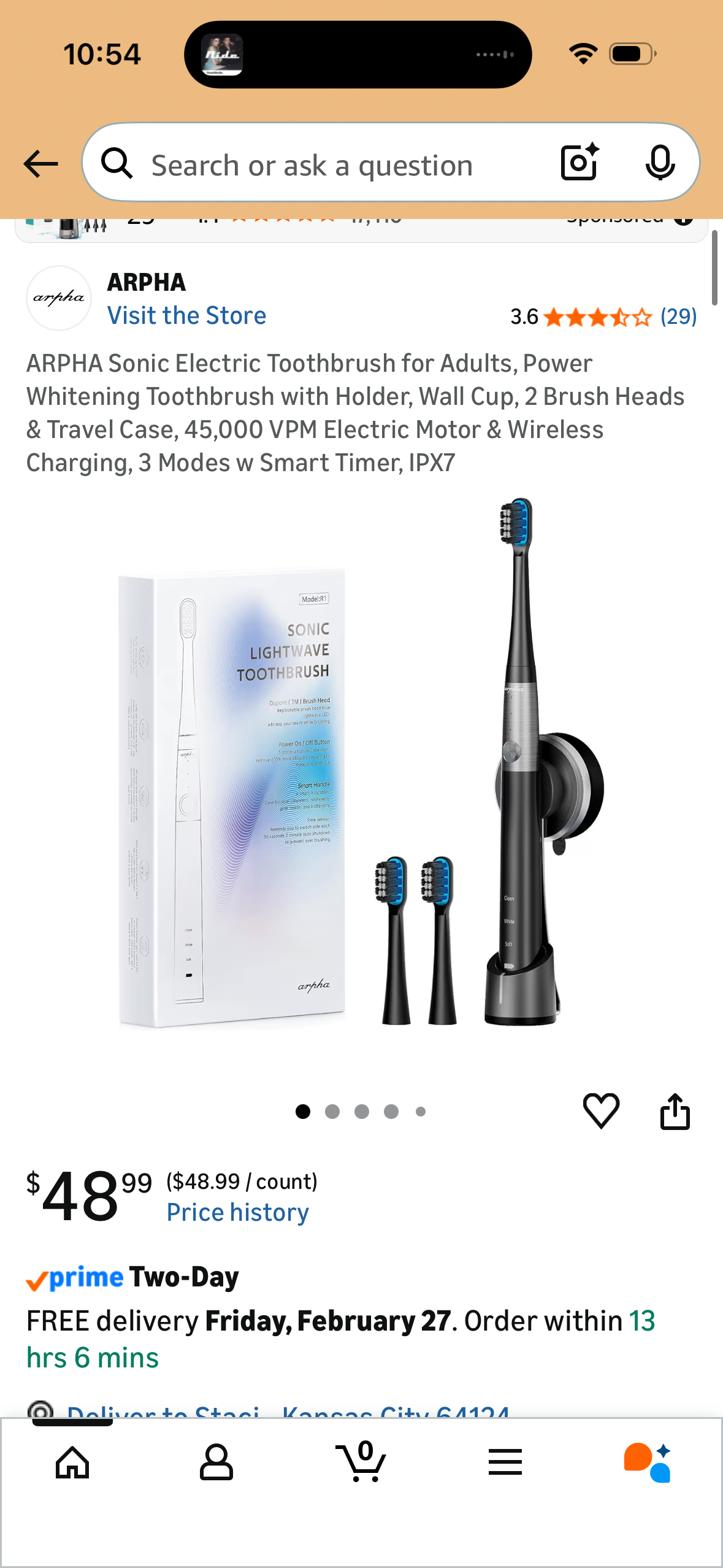 ARPHA Sonic Electric Toothbrush for Adults, Power Whitening Toothbrush with Holder, Wall Cup, 2 Brush Heads & Travel Case, 45,000 VPM Electric Motor & Wireless Charging, 3 Modes w Smart Timer, IPX7