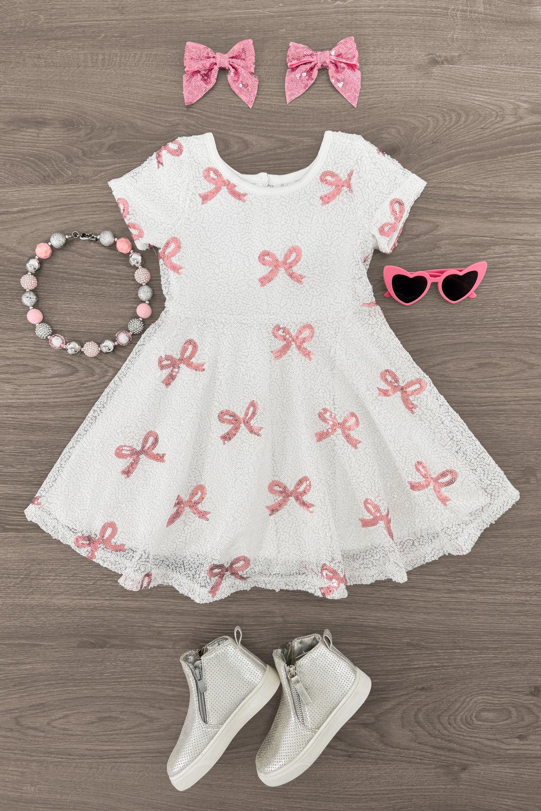 White & Pink Sequin Bow Dress | Sparkle in Pink