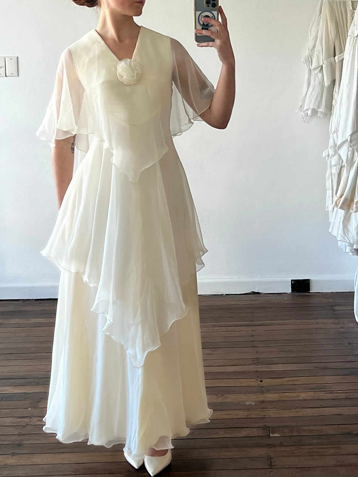 1975 Franke Stuart Tiered Chiffon Butterfly Sleeve Dress