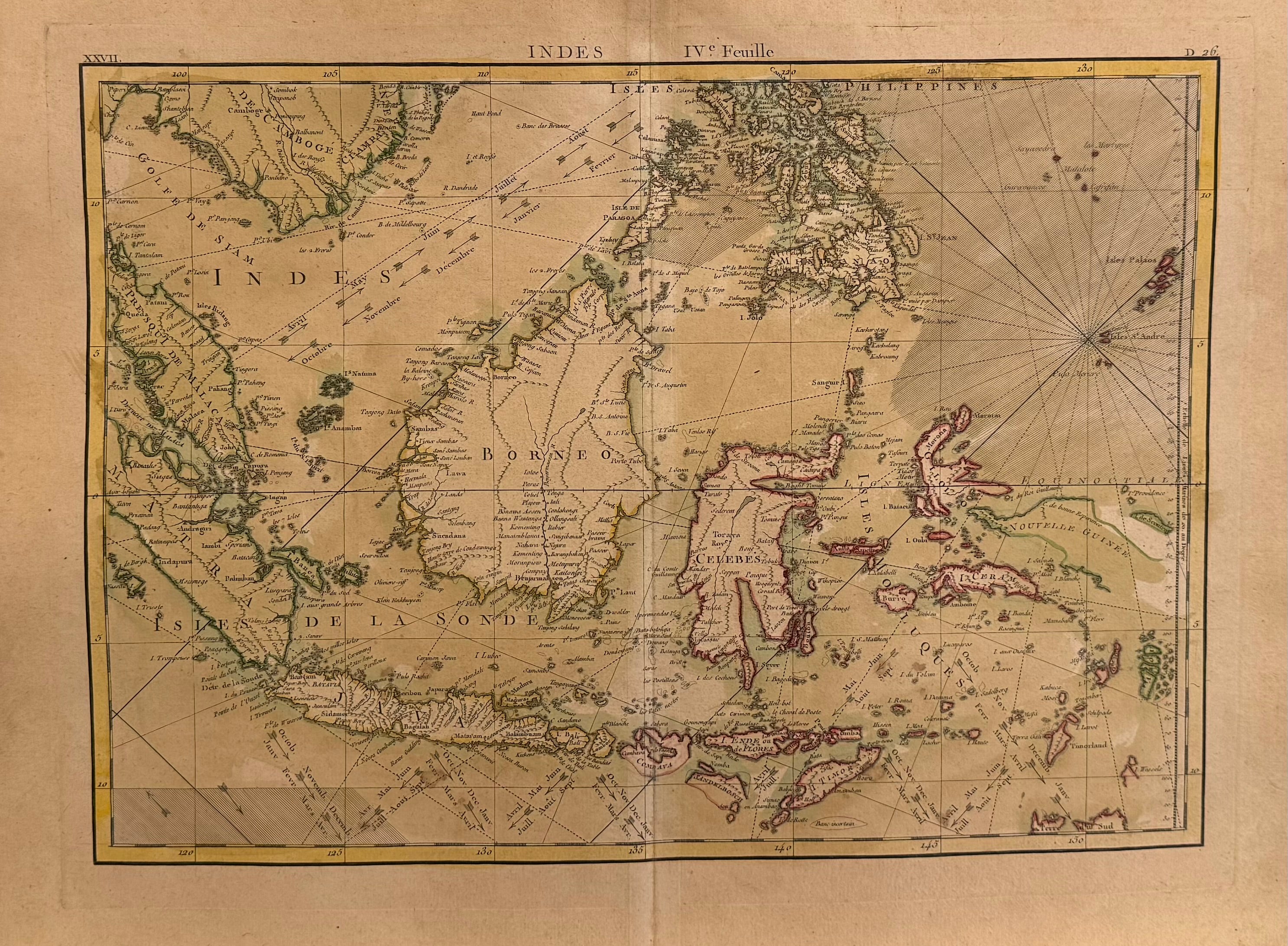 Südostasien : Borneo - Malaysia - Indonesien - Philippinen - Vietnam - Laos : Rigobert Bonne / Jean Lattré - Original Kupferstich - 1771