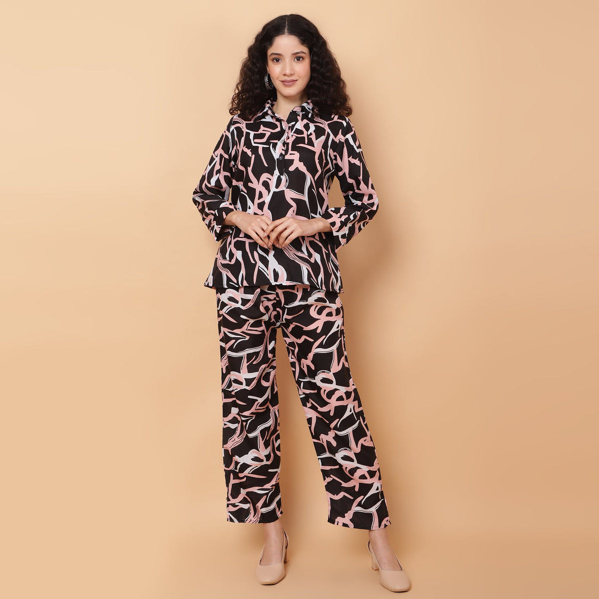 Women Black Printed Shirt Co-Ords