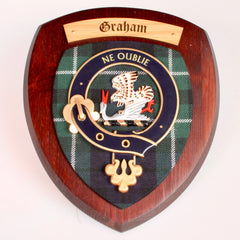 Graham Clan Crest Wall Plaque, a handmade Scottish decor item featuring a unique clan tartan, crafted in Glasgow, Scotland.